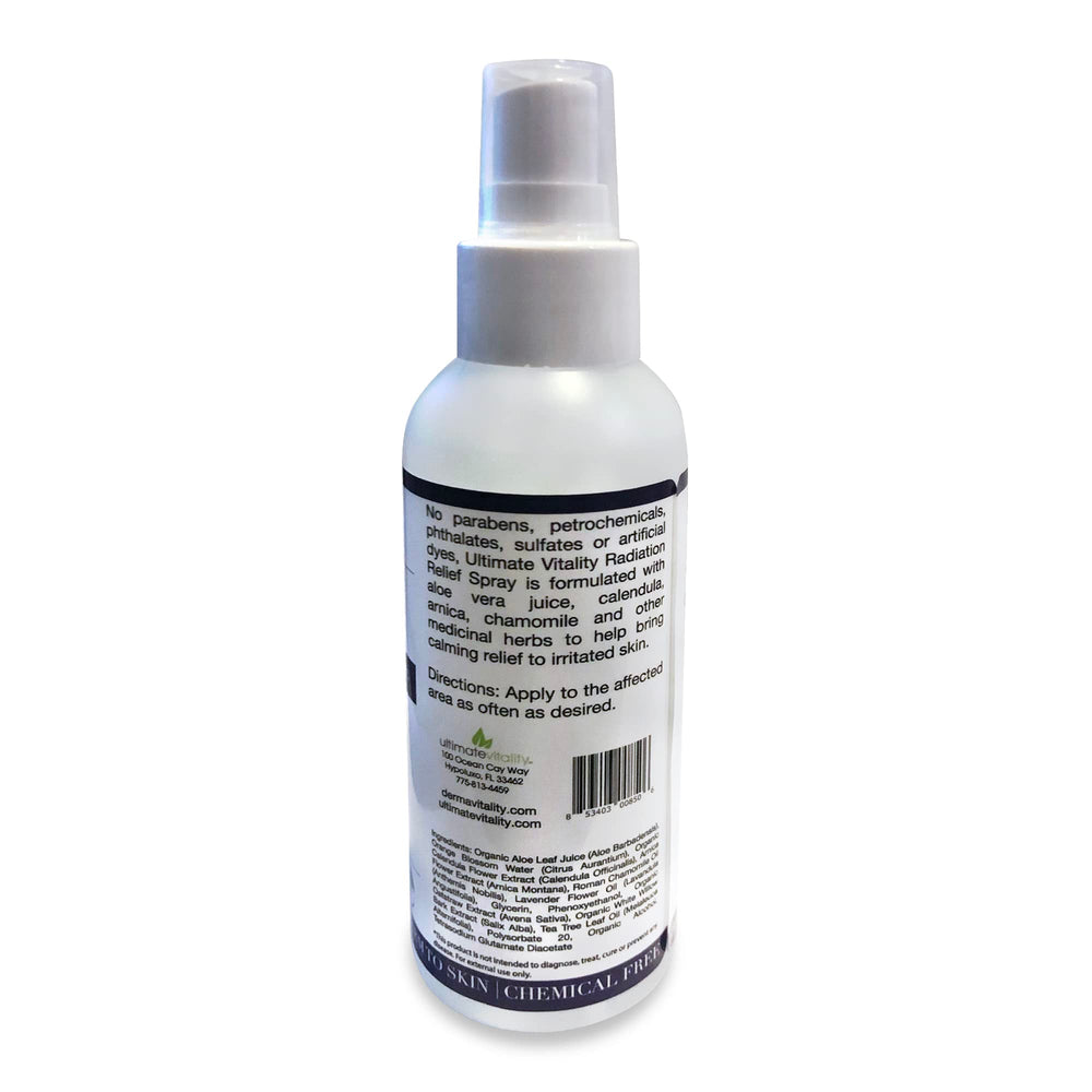Packaging of UltimateVitality radiation burn relief spray on a bathroom shelf
