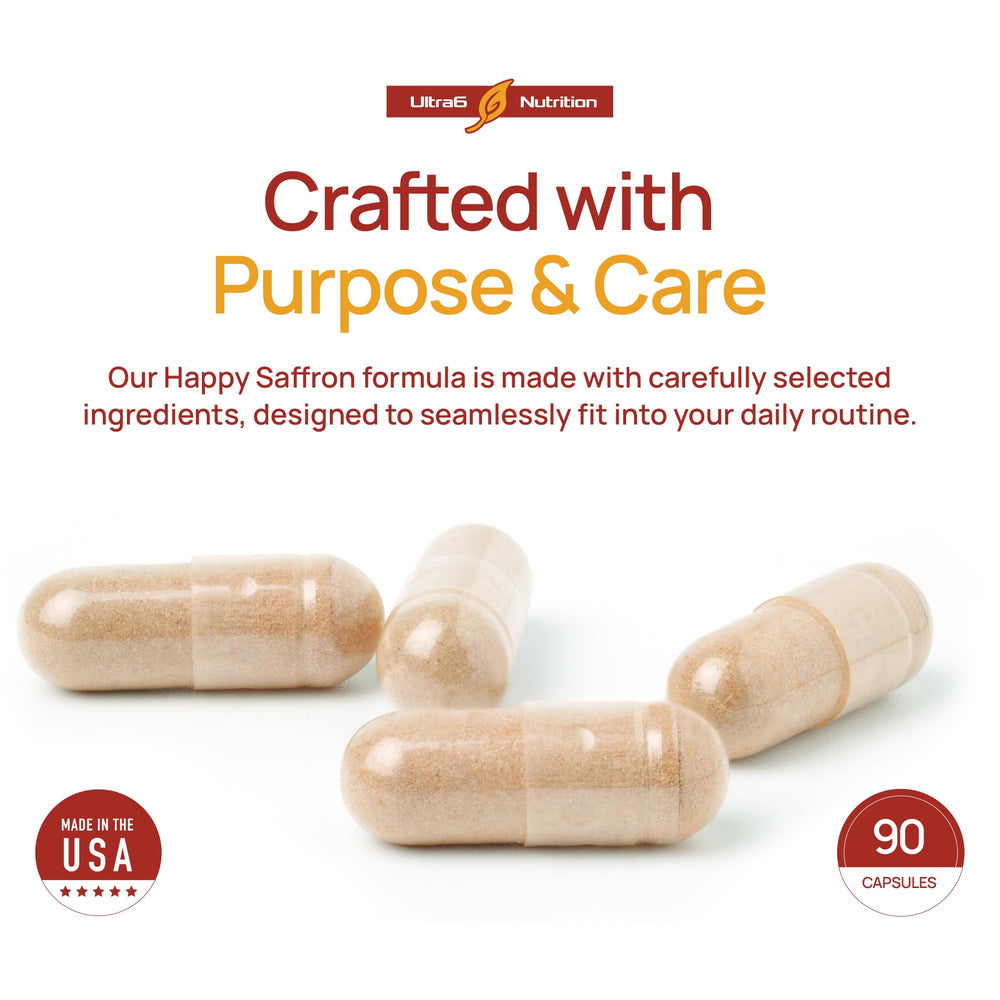 Ultra6 Nutrition Happy Saffron pack-front highlighting two bottles for ongoing support.