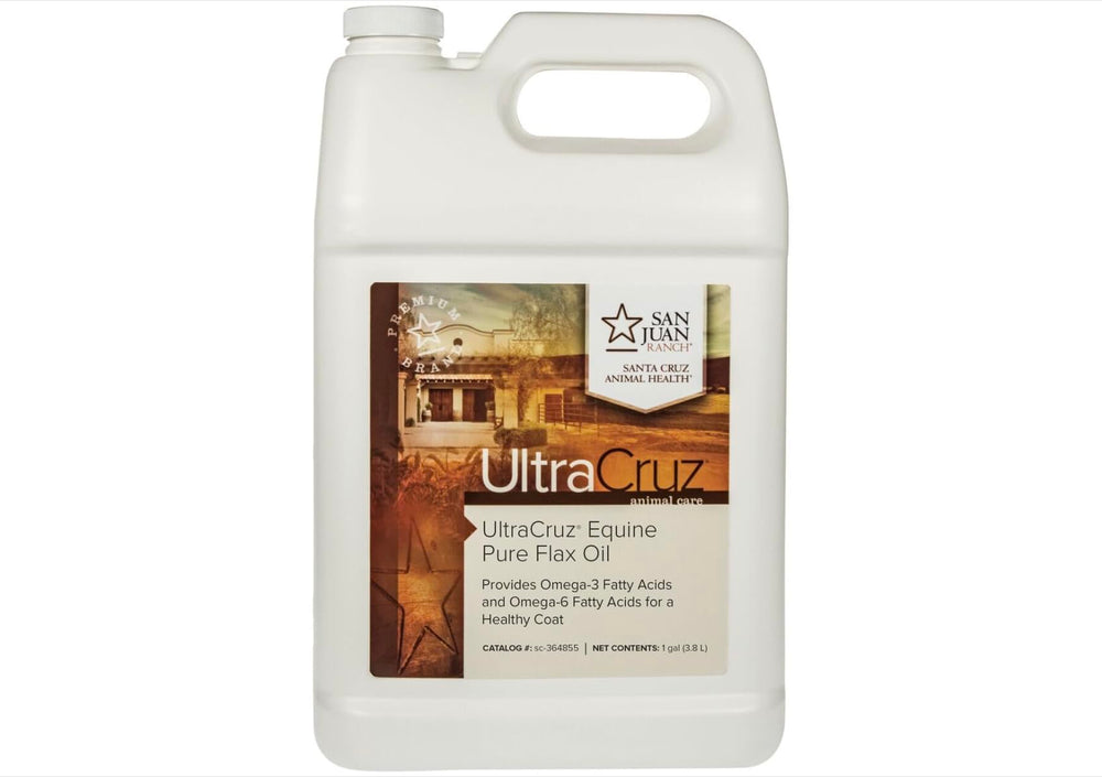 UltraCruz Equine Pure Flax Oil label close-up highlighting omega-3 source.