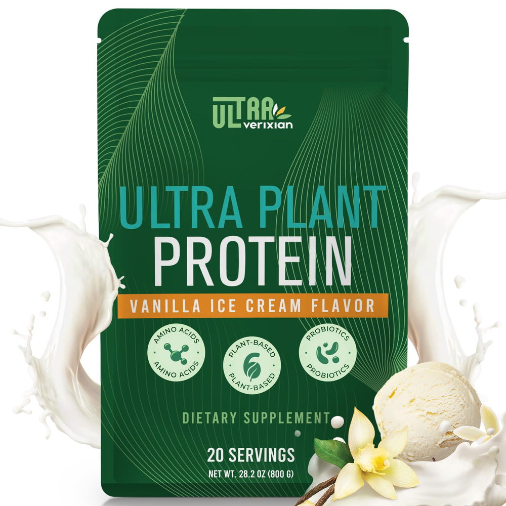 Ultraverixian vanilla plant-based protein bottle highlighting 5-in-1 formula for balanced nutrition.