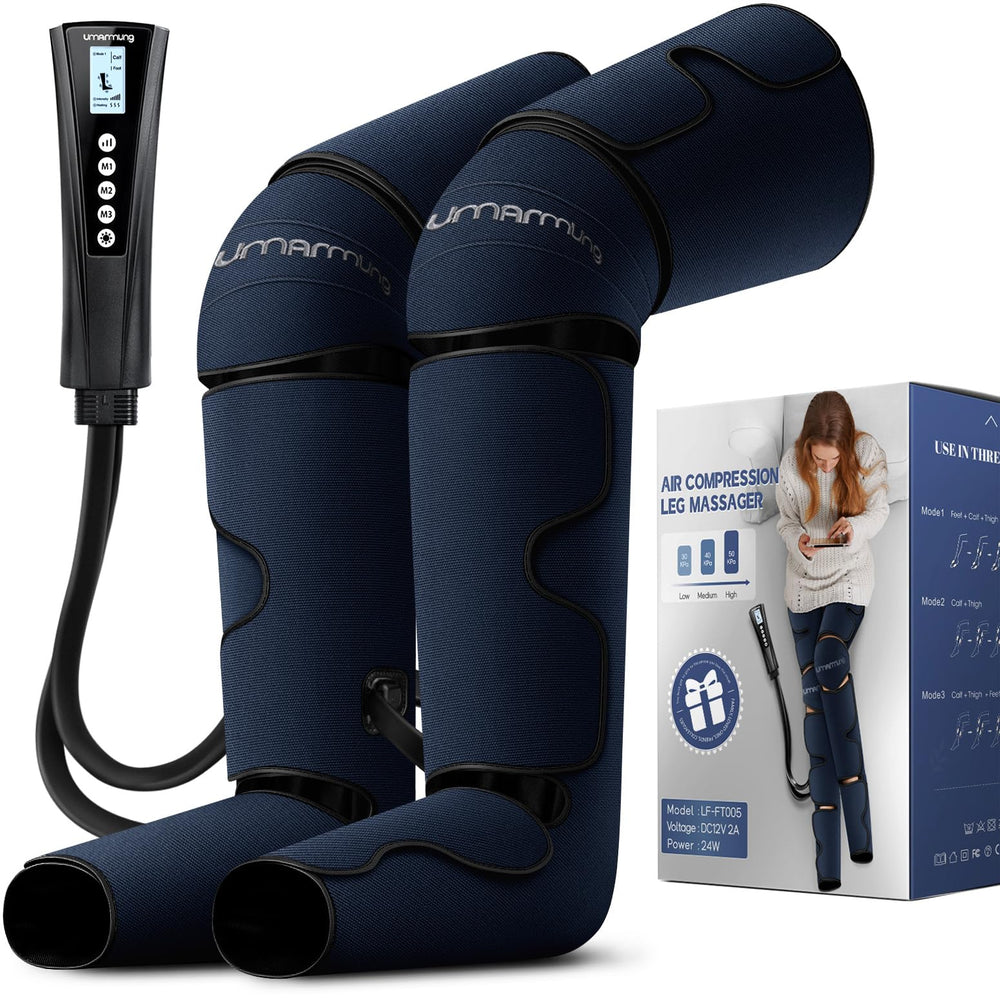 UMARMUNG air compression leg massager with heat on leg delivering soothing post-activity relief