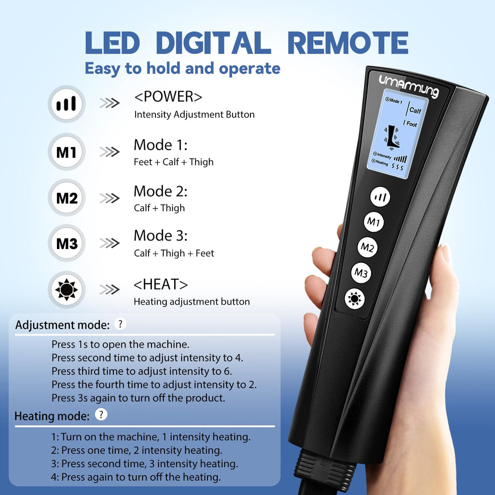 UMARMUNG leg massager handheld controller with customizable settings for personalized comfort