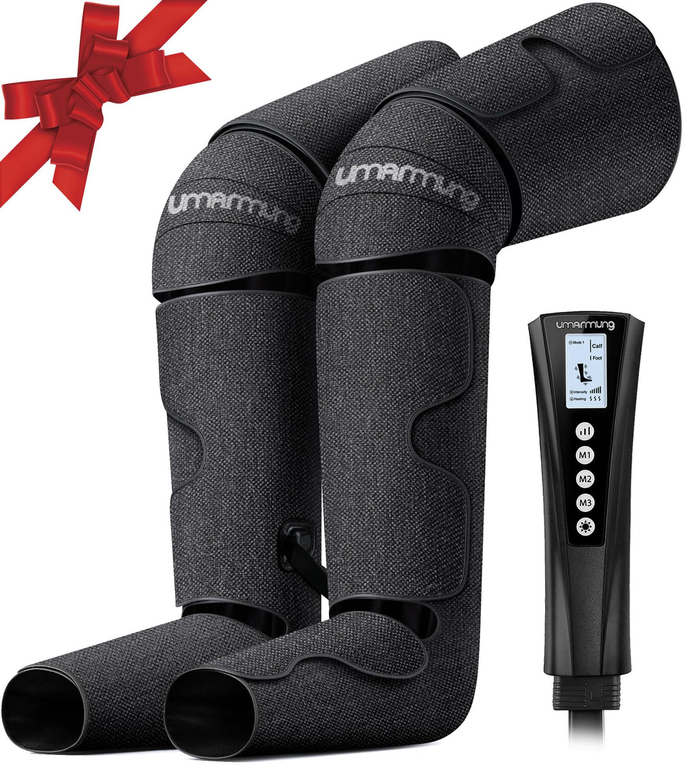 UMARMUNG leg massager in-use around calves delivering soothing compression for tired legs.