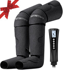 UMARMUNG leg massager in-use around calves delivering soothing compression for tired legs.