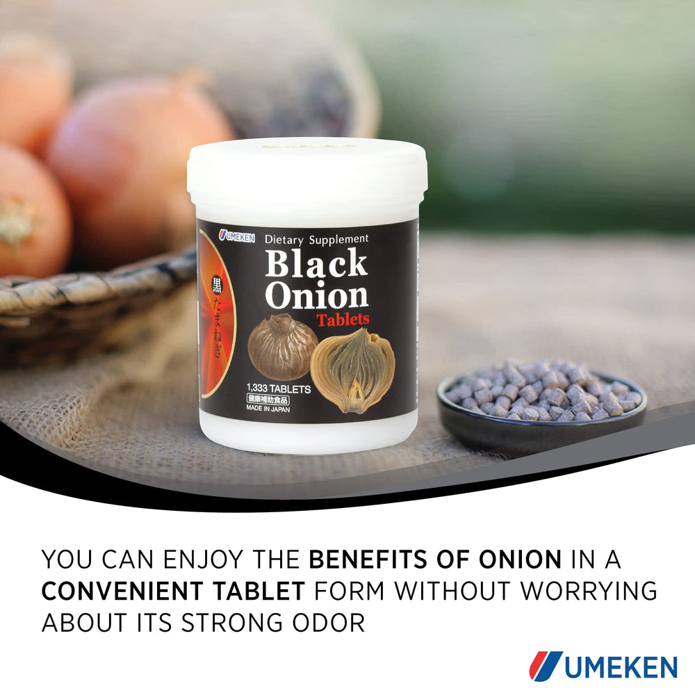 Pouring Umeken Black Onion from the bottle for easy daily intake.