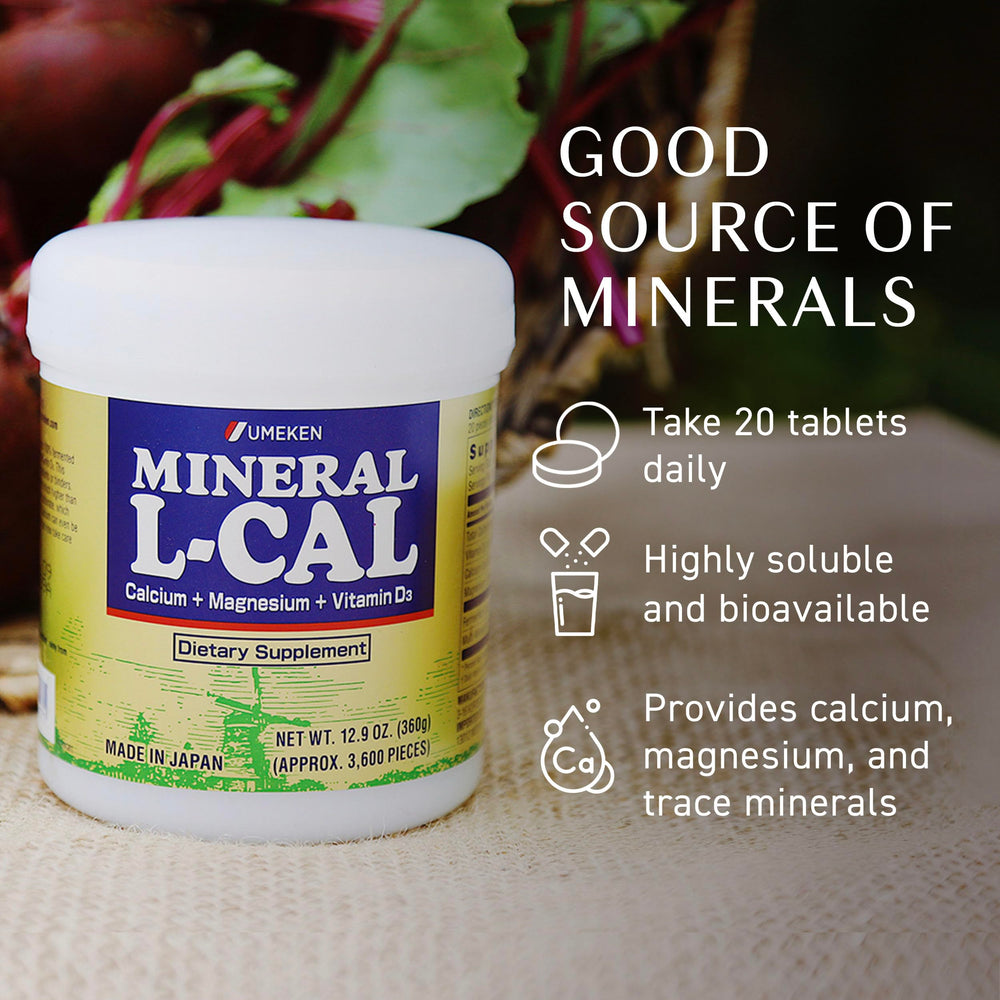 Umeken Mineral L-Cal bottle label highlighting Vitamin D3 and minerals.