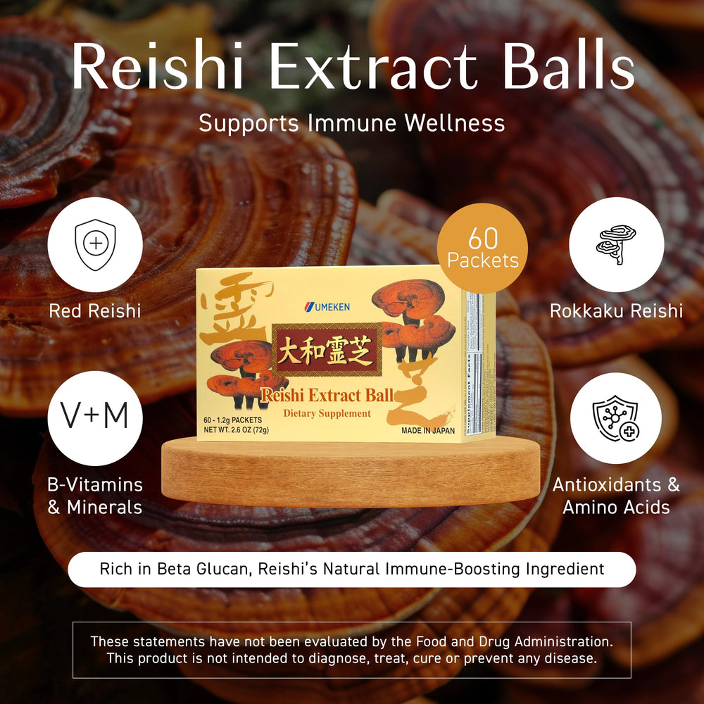 Close-up of Umeken Reishi balls, a concentrated daily serve.