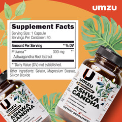 UMZU Ashwagandha bottle pouring capsules for easy daily use.