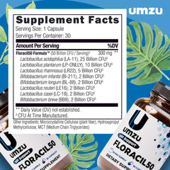 UMZU Floracil50 bottle label closeup emphasizing eight strains