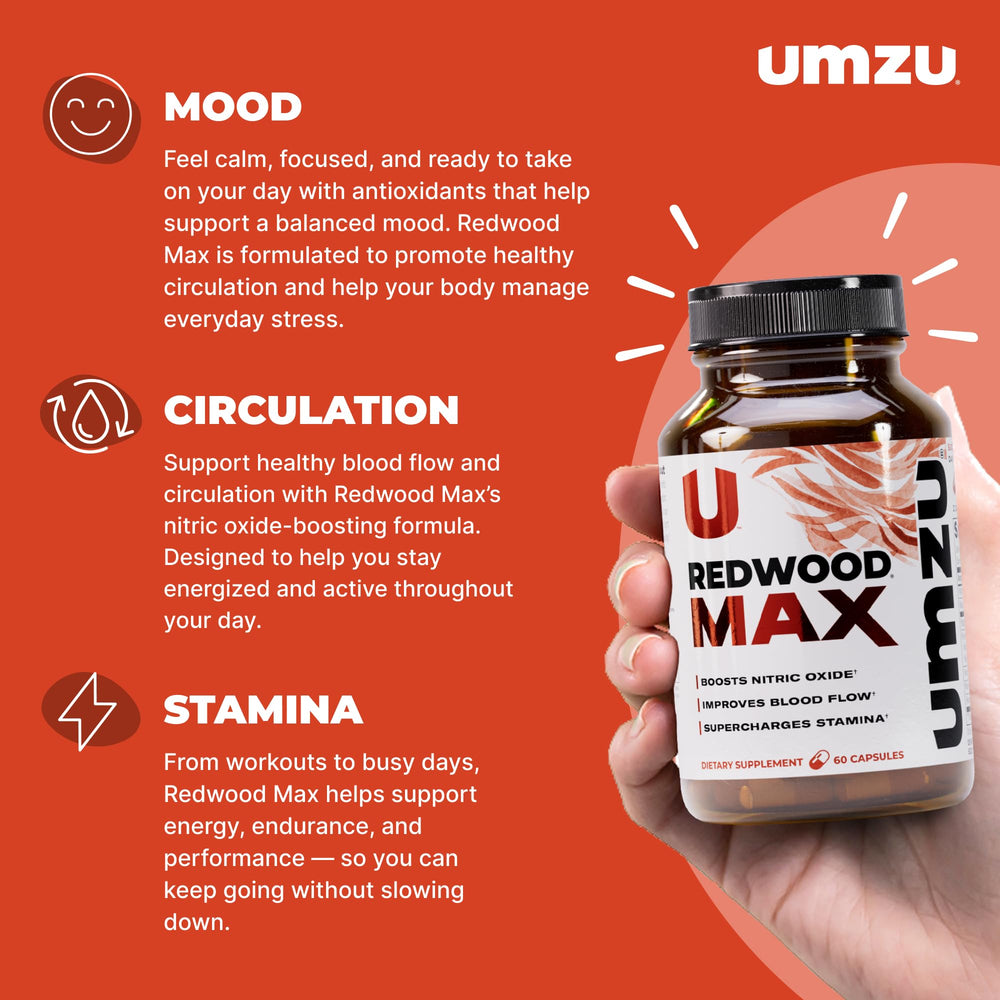 UMZU Redwood Max capsules close-up showing supplement form for daily use.