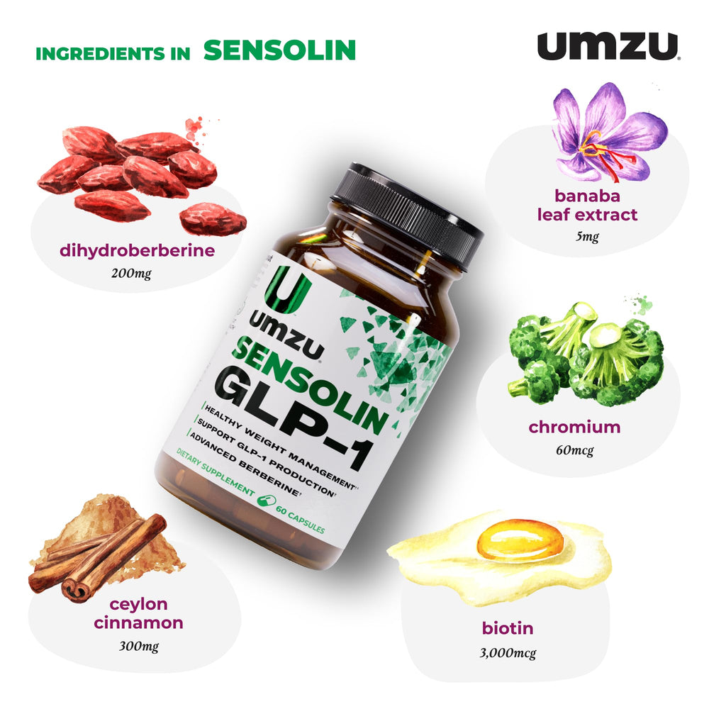 UMZU Sensolin packaging label shows cinnamon and chromium ingredients for balance.