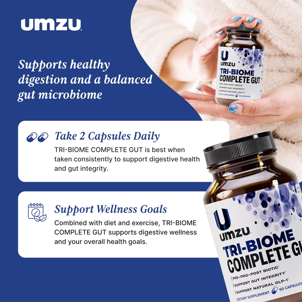 UMZU Tri-Biome Complete Akkermansia graphic conveys gut barrier support concept