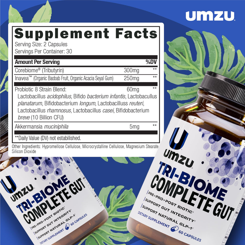 UMZU Tri-Biome Complete box packaging conveys complete gut health solution