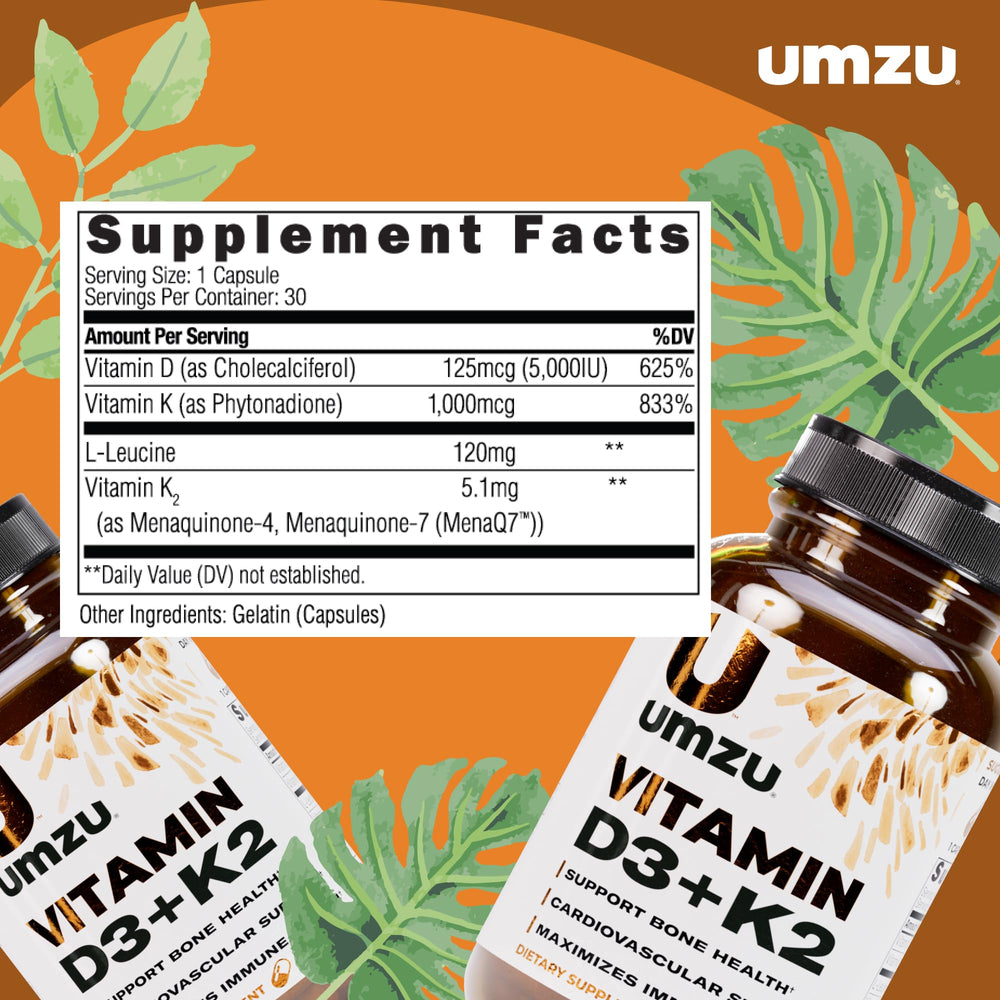 UMZU Vitamin D3 K2 dosage guide on bottle label