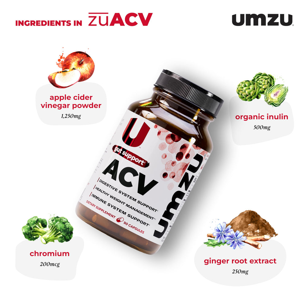 Close-up of UMZU zuACV capsules highlighting tasteless digestive support.