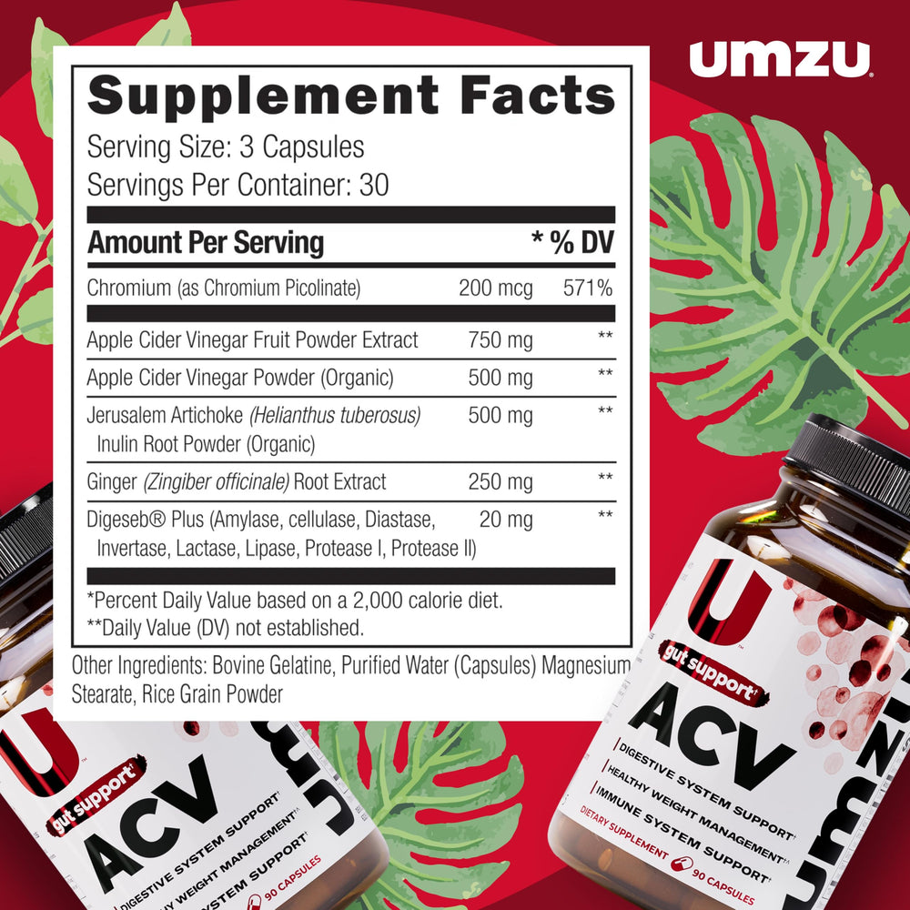 UMZU zuACV bottle label detail with key ingredients.