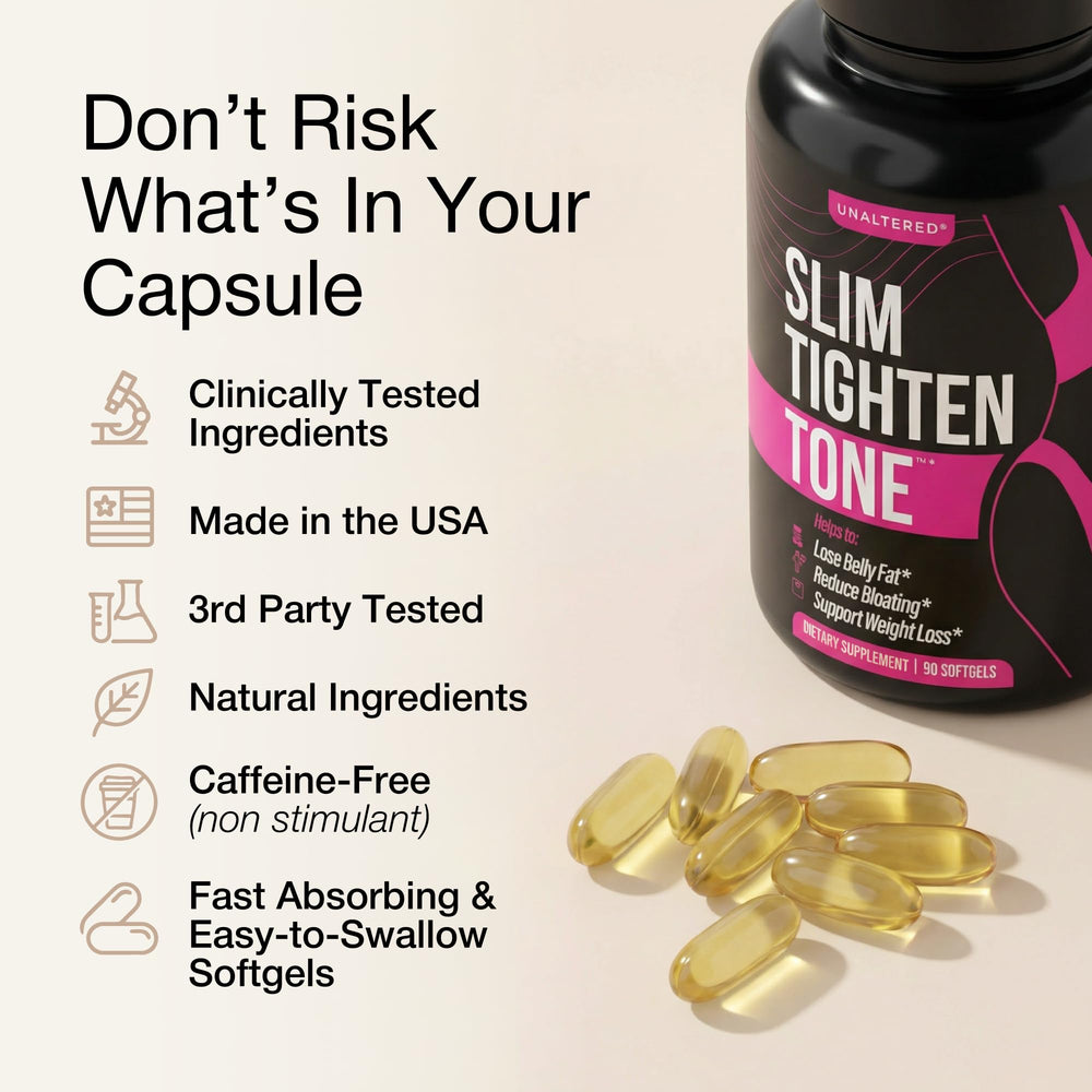 UNALTERED Belly Fat Burner natural ingredients display indicating stimulant-free formula
