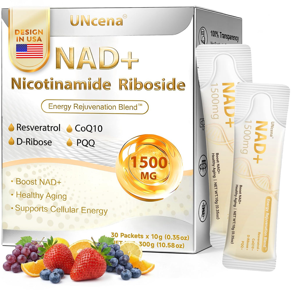 UNcena NAD+ liquid bottle showing 1500 mg formula for daily energy support
