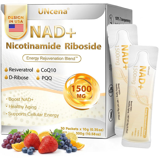 UNcena NAD+ liquid bottle showing 1500 mg formula for daily energy support