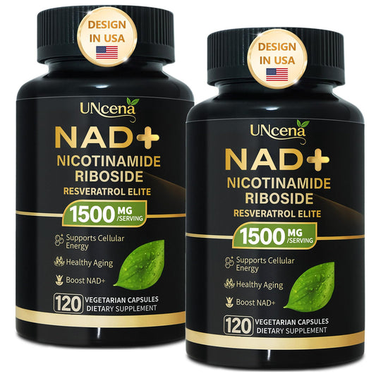 UNcena NAD supplement bottle front view showing 120 capsules for daily cellular energy support.