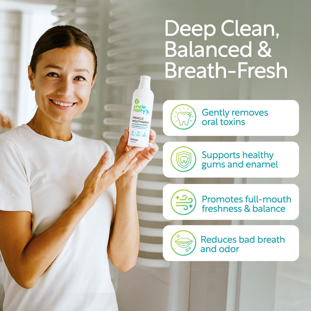 Uncle Harry's Miracle Mouthwash shown as kid-friendly daily use