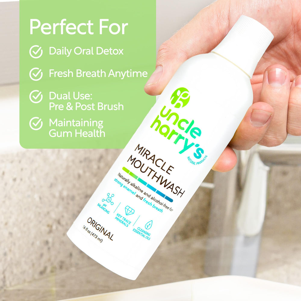 Pouring Uncle Harry's Miracle Mouthwash for a quick gargle