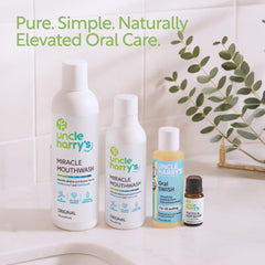 Uncle Harry's Miracle Mouthwash promotes a brighter smile after use