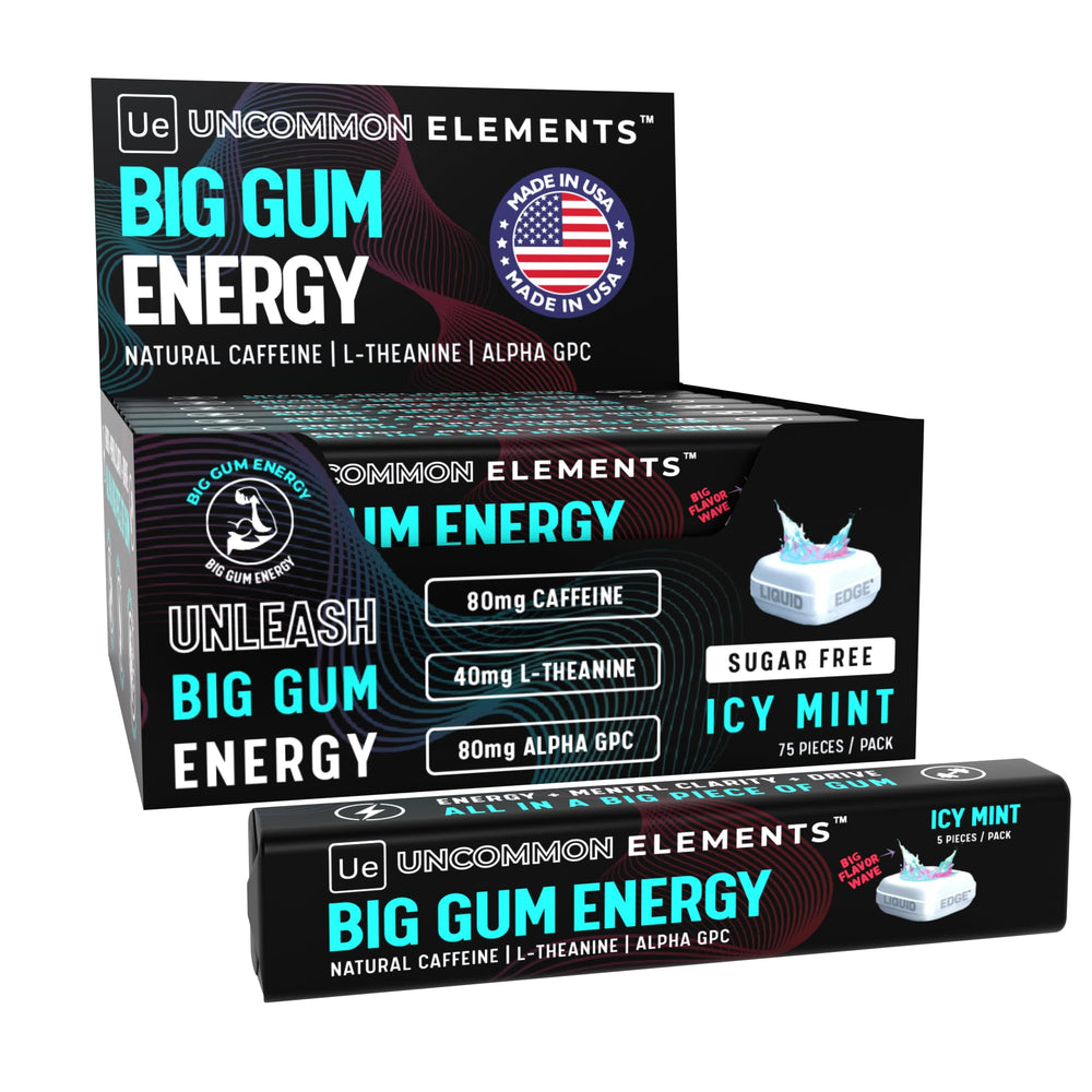 Uncommon Elements Big Gum Energy bottle closeup for a quick focus boost