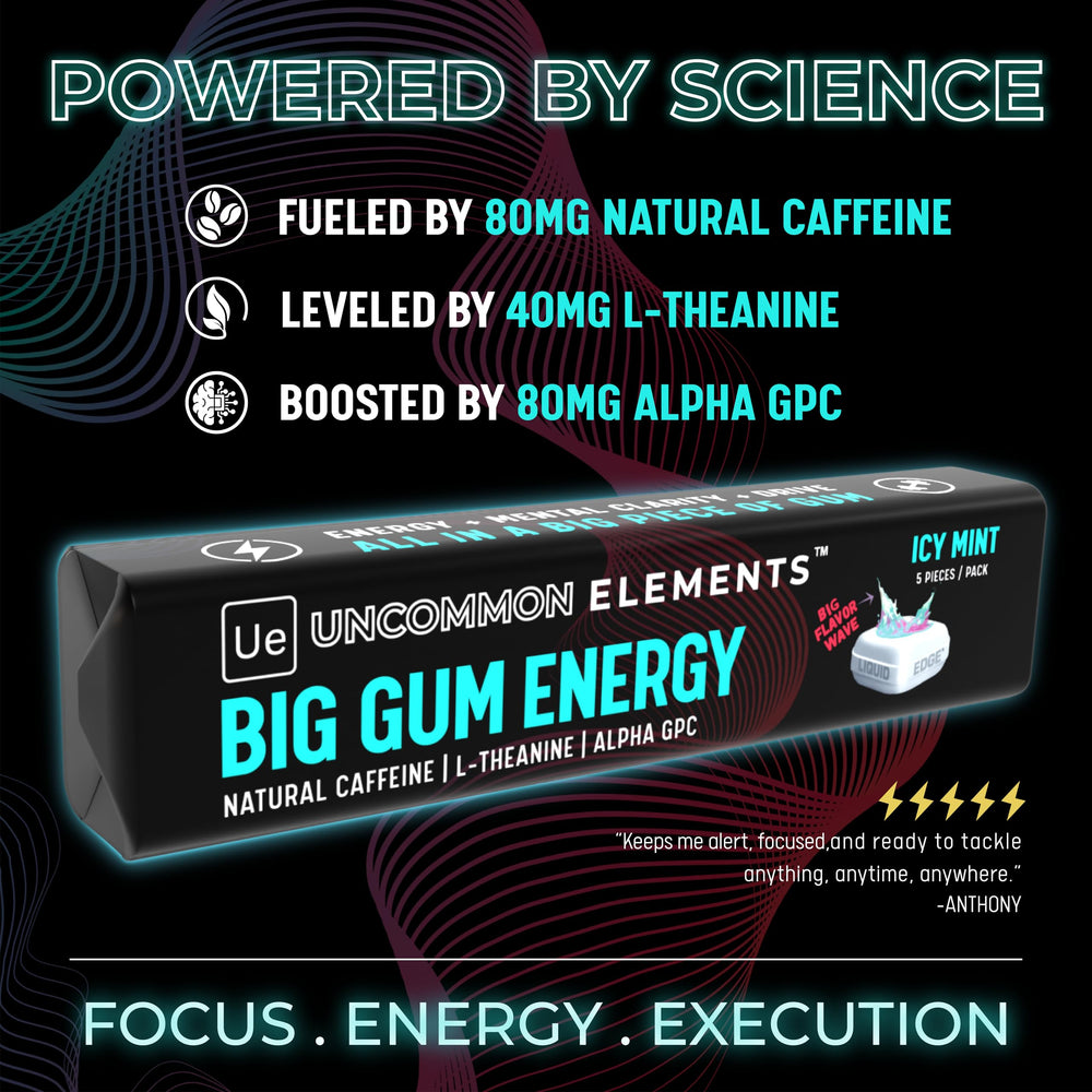 Uncommon Elements Big Gum Energy label back highlights ingredients and use cases