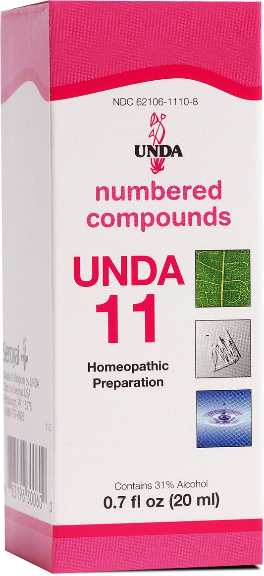 UNDA 11 Numbered Compounds bottle close-up highlighting pure biodynamic ingredients for gentle support