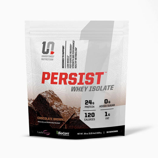 Undefined Nutrition Persist Whey Isolate front view in chocolate brownie flavor, high-protein option for daily needs.
