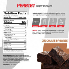 Undefined Nutrition Persist Whey Isolate label close-up showing 24g protein per serving and low calories.