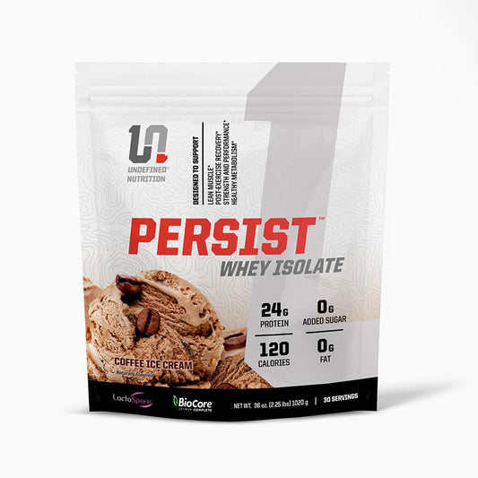 Undefined Nutrition Persist Whey Isolate front label showing 24g protein per serving.