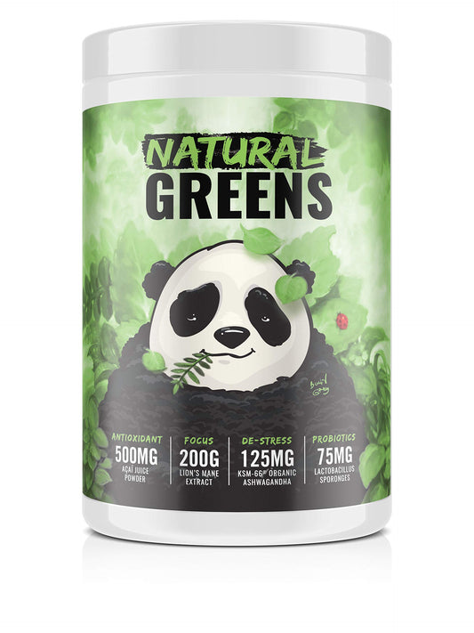 Underground Bio Labs Panda Supps greens pineapple tub shows a nutrient-rich greens blend for daily vitality.