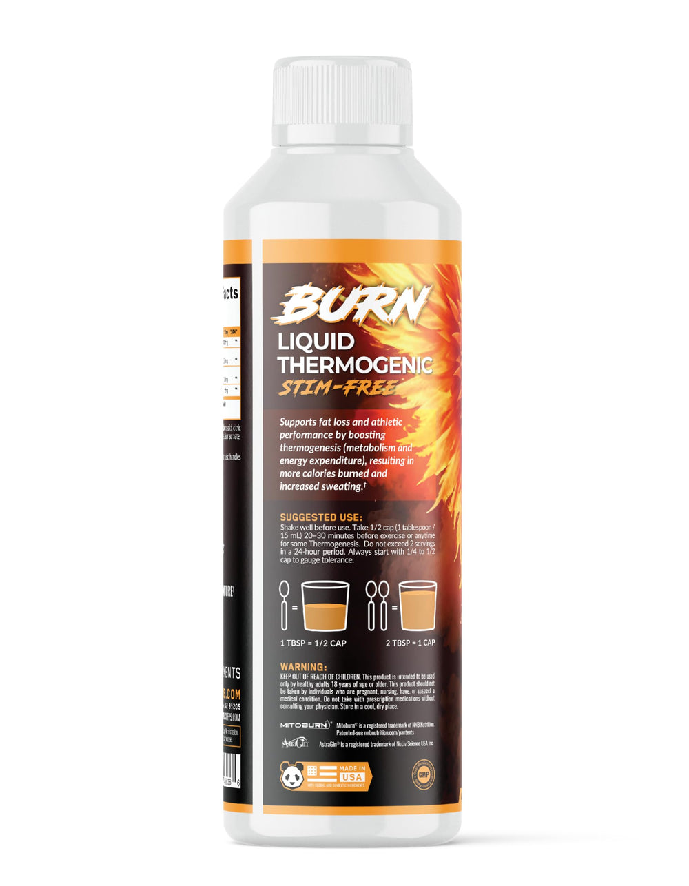 Panda Supps Liquid Burn pour into glass shows tropical flavor for energy.