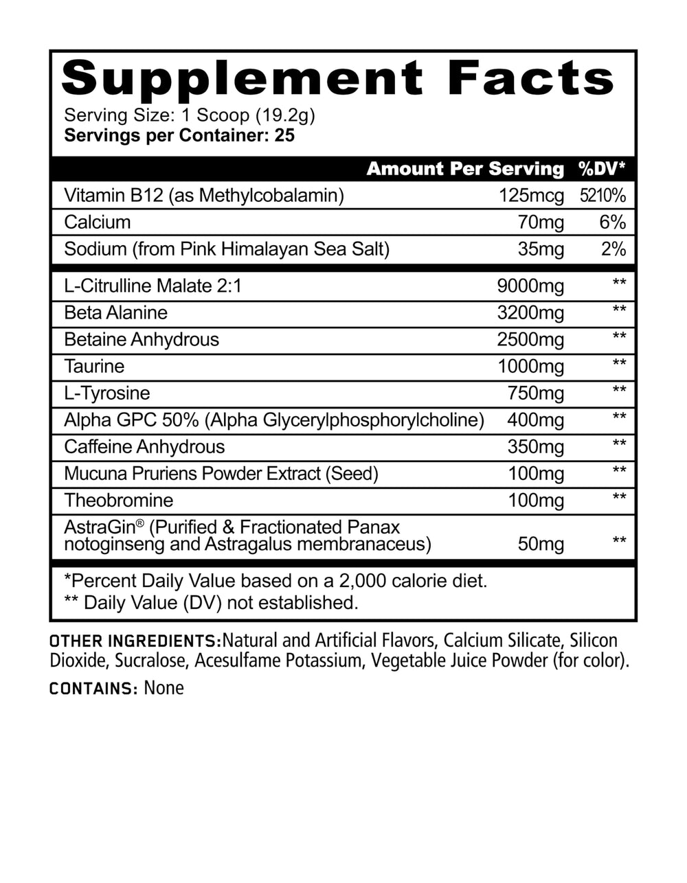 Panda Supps Pandamic Extreme V2 ingredient label highlights Alpha GPC and Citrulline Malate