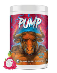 Underground Bio Labs Panda Supps Pump bottle rainbow dragonfruit with vibrant powder for focus.