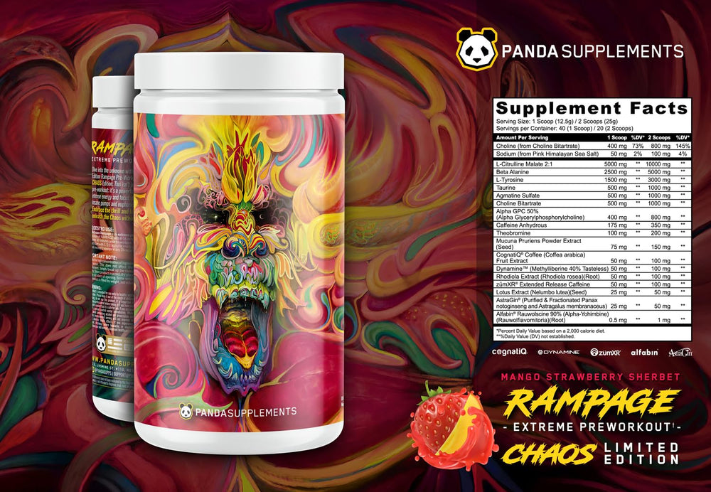 Underground Bio Labs Panda Supps Rampage Chaos flavor label highlights Strawberry Mango Sherbet taste.