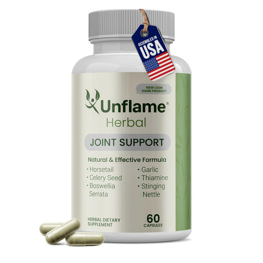 Unflame Herbal supplement bottle front shows natural blend for joint and muscle support