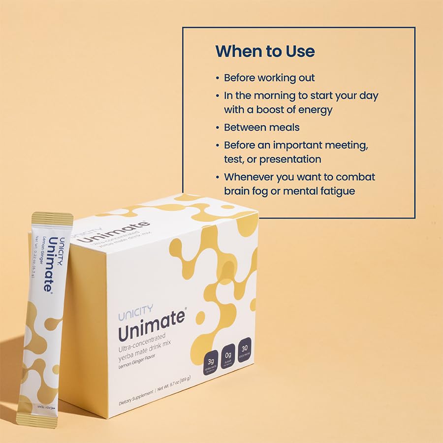 Unicity UNIMATE Lemon Ginger bottle for an afternoon energy boost.