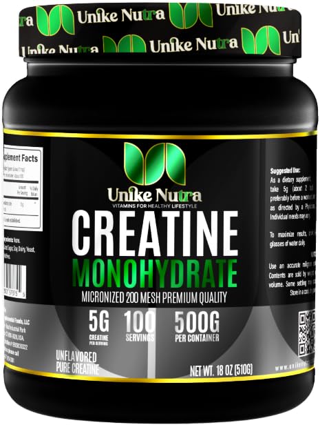 Unike Nutra Pure Creatine Monohydrate bottle supports steady energy for workouts.