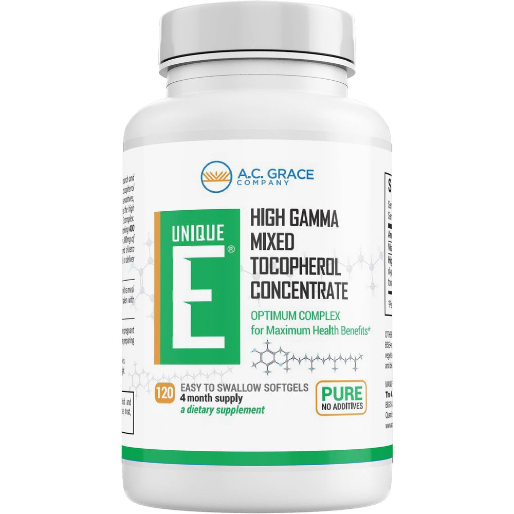 Unique E A.C. Grace mixed tocopherols bottle highlights natural Vitamin E antioxidant support.