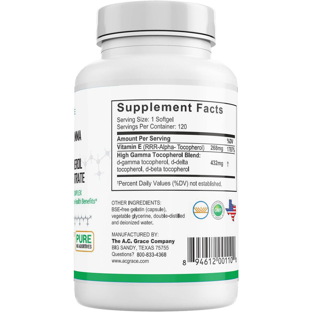 Unique E A.C. Grace ingredients panel reveals natural tocopherol blend composition.