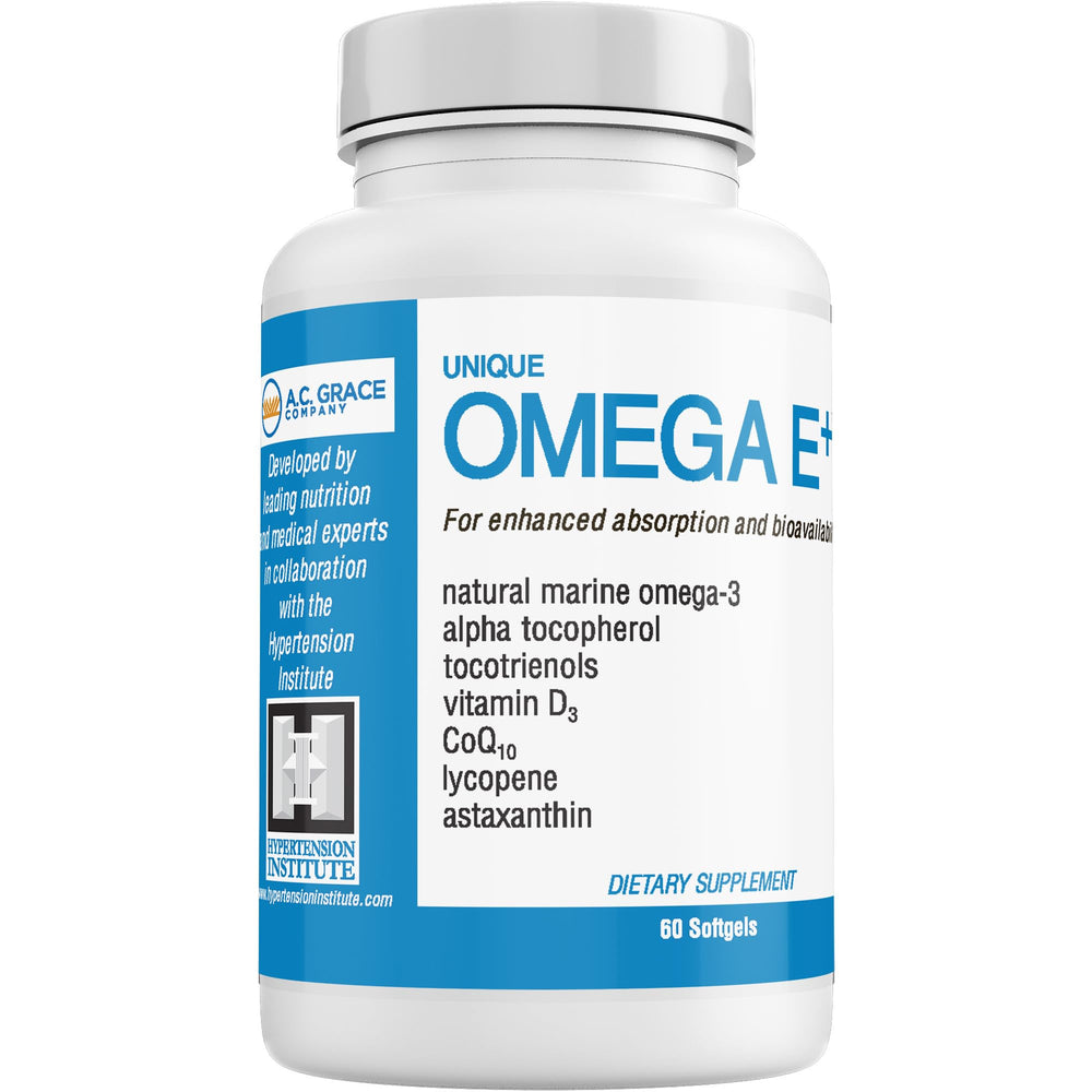 Unique E Omega E+ bottle label highlights natural tocopherols and omega-3 blend.