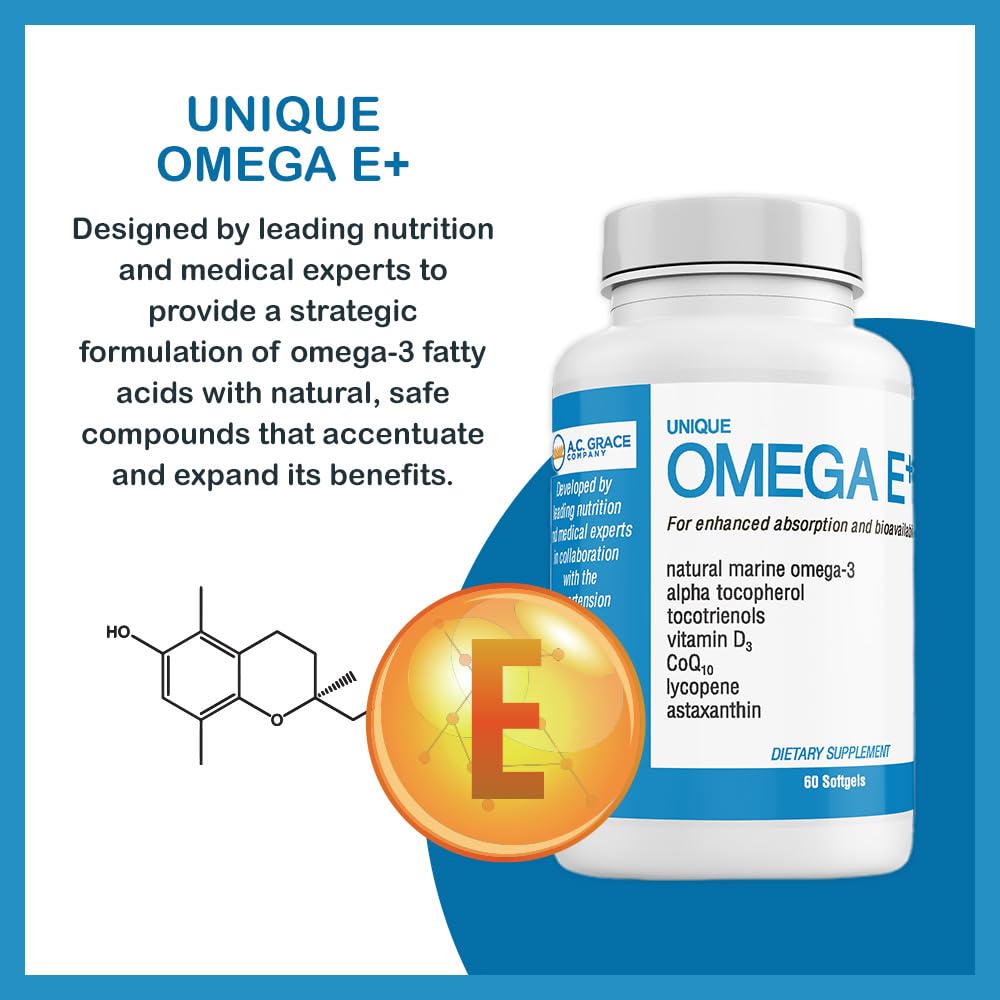 Unique E Omega E+ softgels closeup shows capsule texture and purity.
