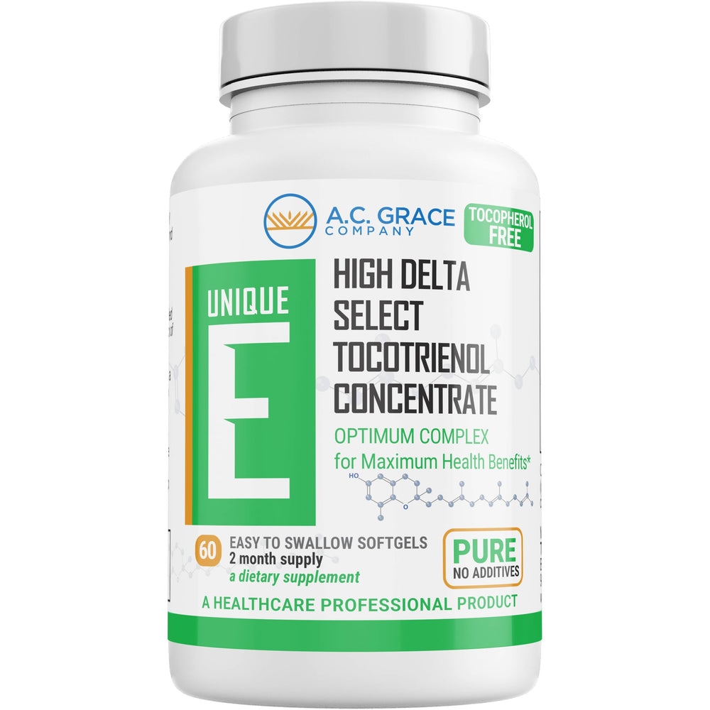 Unique E Tocotrienols annatto bean source label emphasizing tocotrienol-rich formula.