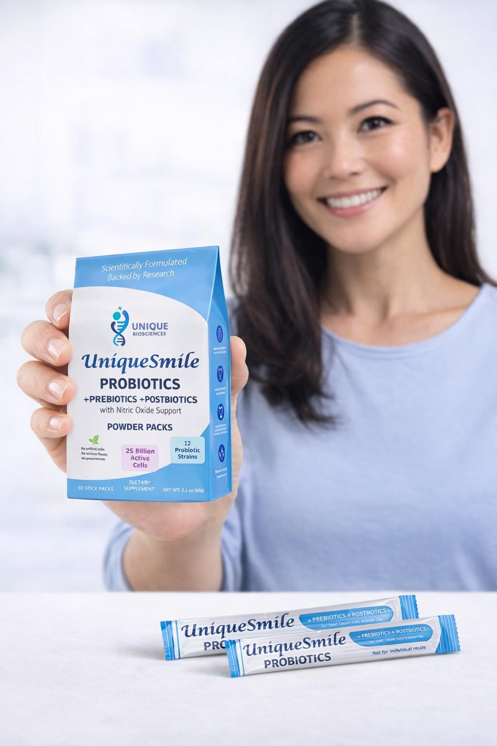 UniqueSmile Probiotics stick pouch highlights convenient 30-stick monthly supply for ongoing oral health.