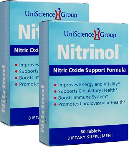 UniScience Group Nitrinol bottle pour demonstrates easy daily dosage for circulation support.