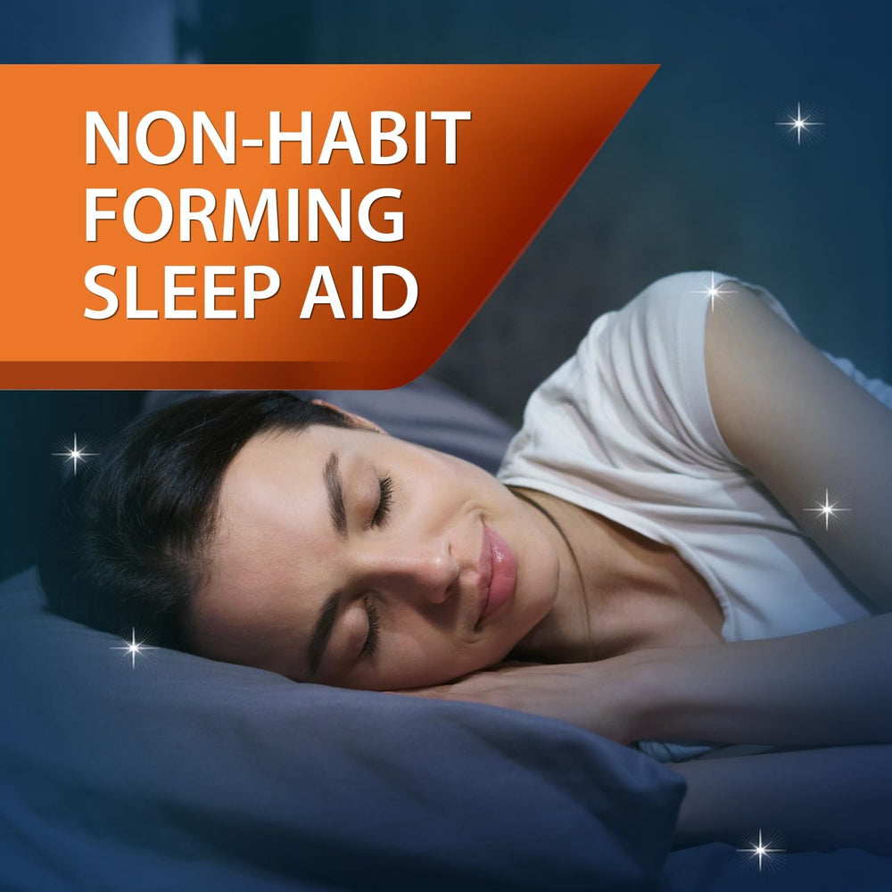 Unisom SleepTabs bottle and label emphasizing pharmacist trusted sleep aid.