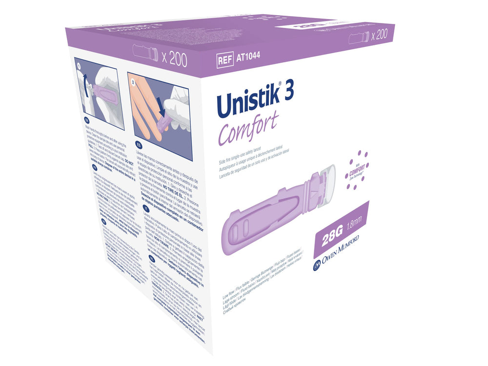 Unistik 3 28G safety lancets in packaging designed for fingerstick sampling.